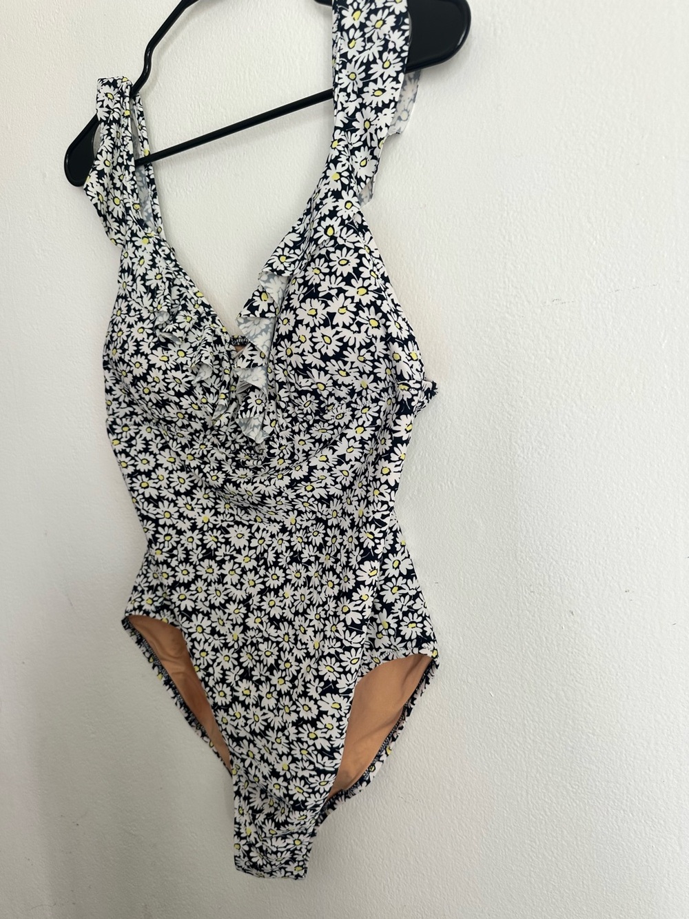 J. Crew Black Daisy Print One-Piece Swimsuit with White and Yellow Flowers